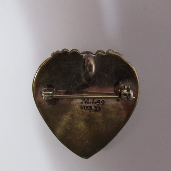 Vintage Native American Turquoise Heart Pendant Pin Sterling Silver Signed M Lee - Picture 3 of 5
